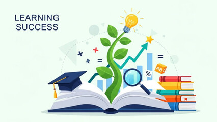 Open book with growing plant graduation cap light bulb and stack of books symbolizing learning success and education growth vector illustration for concepts