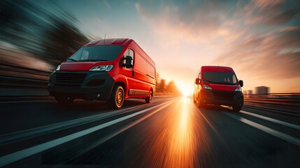Obraz premium Dynamic Red Vans Racing on Highway at Sunset with Motion Blur.