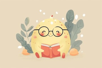 Fototapeta premium Cute lemon character reading a book with glasses in a leafy setting