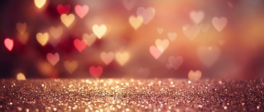 Soft glowing heart shaped bokeh lights over a sparkling background, creating a dreamy and romantic Valentine&rsquo;s Day celebration atmosphere.