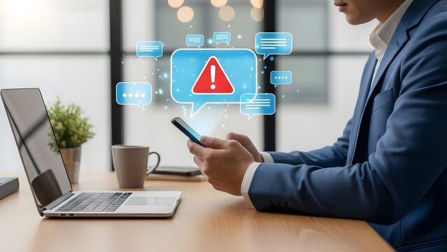 Businessman holding smartphone with alert notification and chat bubbles on screen mobile phone - Powered by Adobe