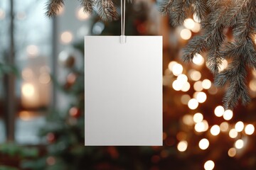 Blank white paper mockup hanging on Christmas tree branches, blurred winter landscape bokeh background. Christmas-themed poster mock-up. Twinkling fairy light decoration. Festive colors. Greeting card