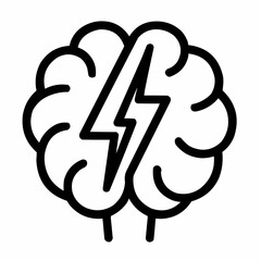 Line icon of a brain with lightning bolt &mdash; creative insight, black on white, square minimalist style