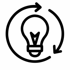 Line icon of a circle with arrows and lightbulb &mdash; cyclical innovation, black on white, square minimalist style