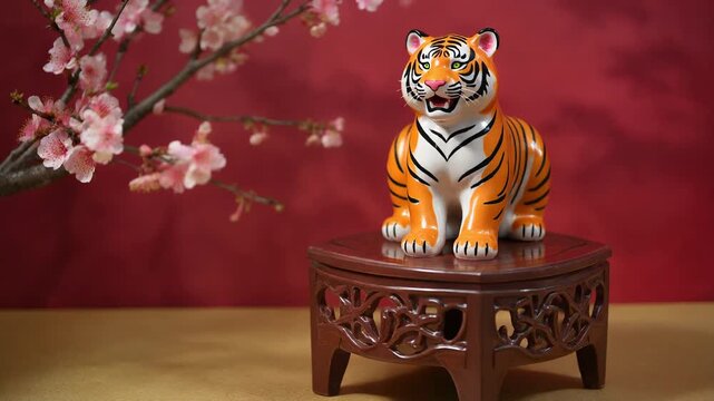 Tiger Figure and Cherry Blossom: The majestic tiger statue, symbolizing strength and courage, sits atop an intricate wooden stand, is accompanied by delicate cherry blossoms, creating a serene scene.