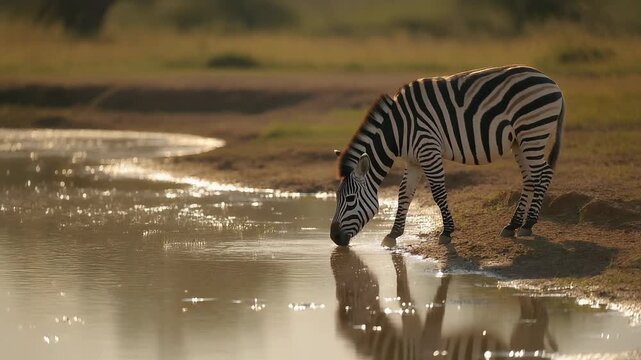 Zebra at the Water's Edge: A solitary zebra pauses to drink at the edge of a tranquil body of water, its striking black and white stripes reflected in the calm surface.