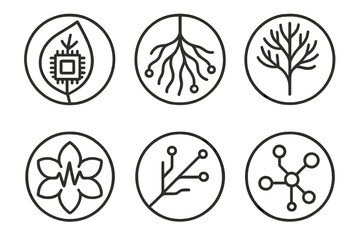 Fototapeta premium Organic Circuit Icons. Line style round vector icons of Organic Circuits: leaf chip, neural root, electric vein, pulse flower,