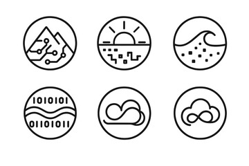 Algorithmic Landscape Icons. Line style round vector icons of Algorithmic Landscape: coded mountain, pixel sunrise, digital dune,