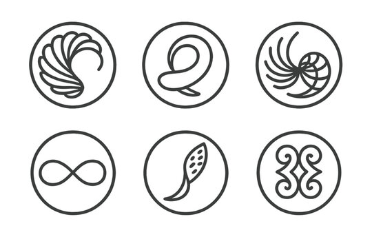 Fractal Airform Icons. Line style round vector icons of Fractal Airforms: recursive feather, folded loop, spiral wing, mirrored