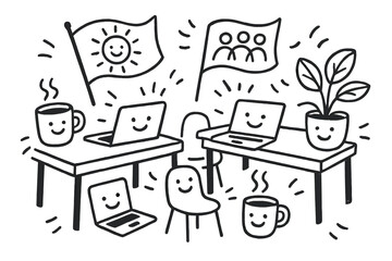 Playful Office Doodles. Cheerful doodle office scene with smiling desks, laptops with faces, coffee mugs grinning, motivational