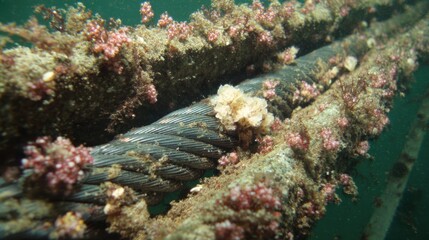 Inspection footage showing biogrowth coverage on underwater cables with marine flora and fauna densely attached to the surface.