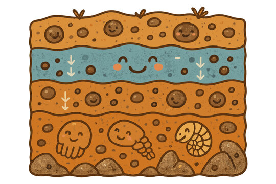 Joyful Fossil Preservation. Joyful doodle sediment burial illustration with happy fossils, cartoon layers of soil and rock,