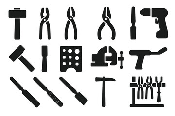 Obraz premium Forging Tools Icons. Solid style icons of Forging Tools: Hammer, Tongs, Pliers, Punch, Chisel, Swage Block, Vise, Drill, File,