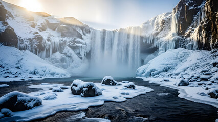 frozen waterfall cascading down icy cliffs surrounded by snow and rocks with sunlight shining through mist creating dramatic scene