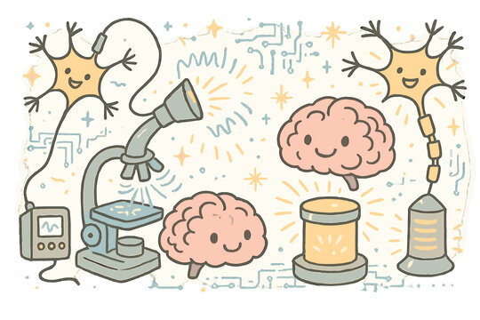 Whimsical Optogenetics Lab. Whimsical doodle futuristic optogenetics lab with smiling brain models, cartoon neurons firing with