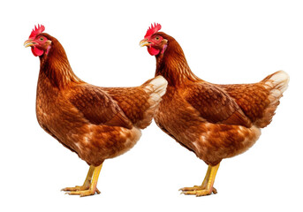 Fototapeta premium Two reddish-brown domestic hens with bright red combs and yellowish legs, beaks slightly open, side-by-side on a transparent studio background, concept for poultry advertising