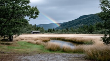 Rainbow arches over a tranquil meadow with a small cabin