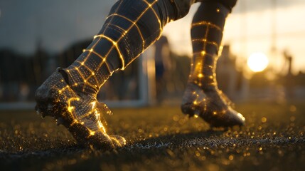 Futuristic Football Players Legs Illuminated with Glowing Lines During Sunset on the Field.