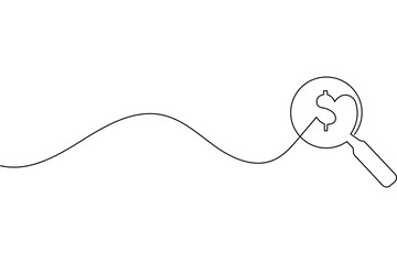 Fototapeta premium Continuous one line drawing of a magnifying glass over a dollar sign