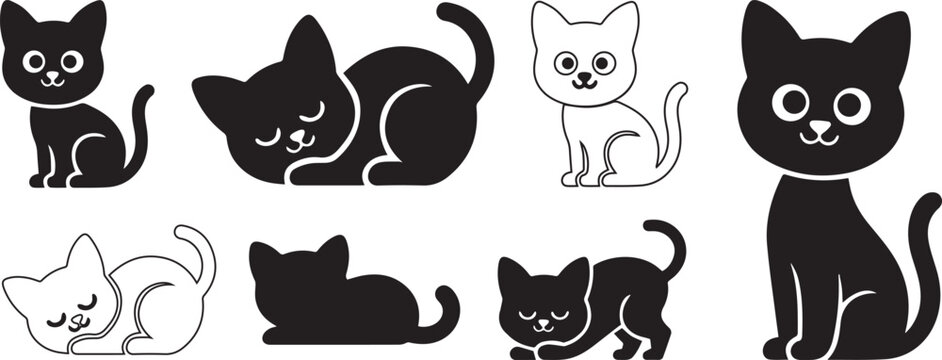Cute Cat Set. Black and White Kitten Silhouette Illustrations. 