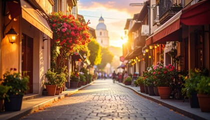 Charming European Street at Sunset with Cobblestone and Flowers.