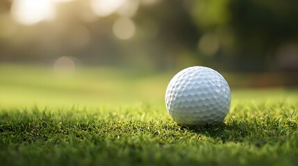 Obraz premium Golf Ball Resting on Green Grass with Beautiful Sunlight and Blurred Background.