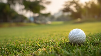 Obraz premium Golf Ball Resting on Green Grass with Blurred Background and Sunlight.