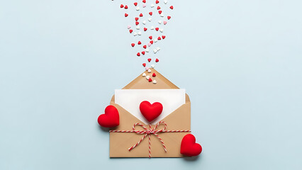 brown envelope with red hearts and string on blue background