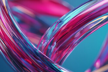 Vibrant abstract flowing glass ribbons in neon magenta and cyan, glossy liquid-like 3D swirls with reflections for modern futuristic backgrounds