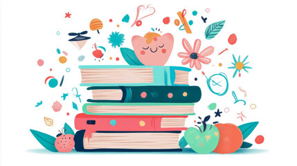 Fototapeta premium Whimsical illustration of colorful stack of textbooks with fruit, flowers, and smiling character, representing joy of learning and education in playful doodle style.