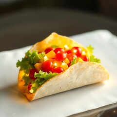 Romantic Crispy Taco Drizzled with Creamy Sauce and Topped with Red Heart Garnishes &ndash; Valentine's Day Love Mexican Food Concept