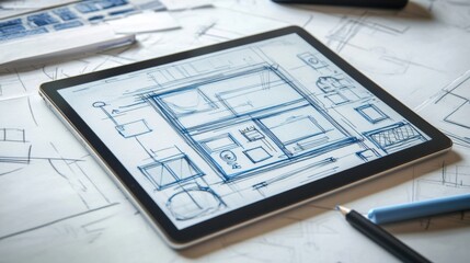 Architectural blueprints showcased digitally, design project workflow visualization