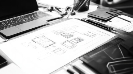 Desk with architectural sketches and laptop showcases the creative process