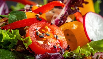 Close-up macro shot of a colorful plant-based salad.