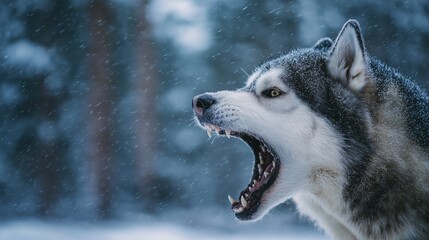 Obraz premium Snarling Husky in Snowy Winter Forest