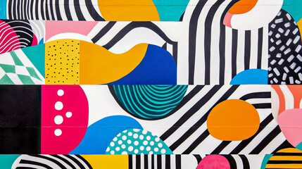 Obraz premium Highly detailed abstract mural with vibrant color blocking, bold black and white stripes, and diverse graphic patterns including polka dots, curves, and dynamic geometric shapes, showcasing modern str