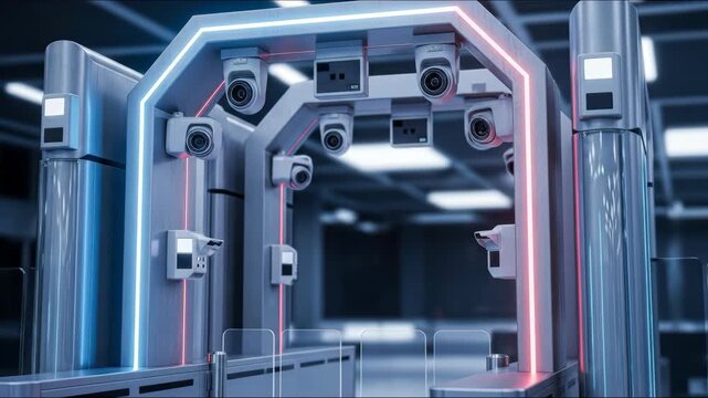 Modern security checkpoint scanning with multiple security camera and laser beam to detect any suspicious object