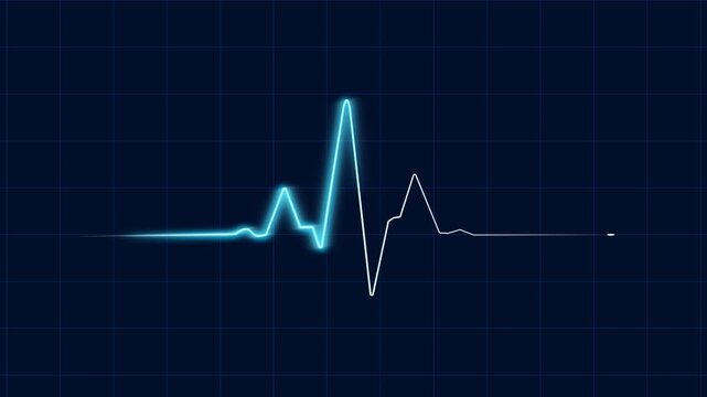 Glowing ECG Heartbeat Line On Futuristic Blue Grid Background. Neon blue electrocardiogram waveform Loop Animation . Medical monitoring concept for healthcare, cardiology, 