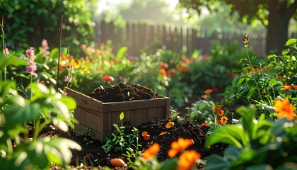 Composting bin in a thriving garden