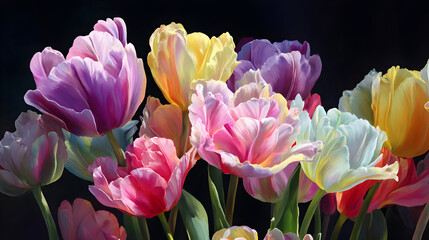 Vibrant tulip bouquet in shades of pink, yellow, purple, and white
