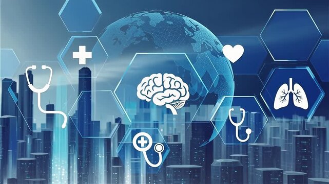 Global Healthcare: Cityscape and Medical Icons - Digital Wellness.

