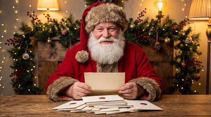 Santa Claus Holding Letter by Fireplace with Christmas Lights
