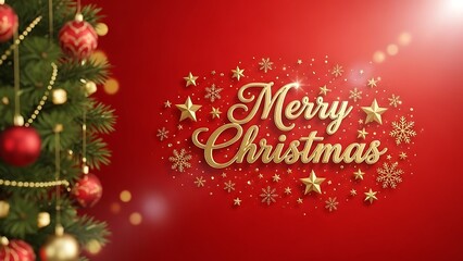 Elegant golden merry christmas greeting on a vibrant red background with festive tree elements