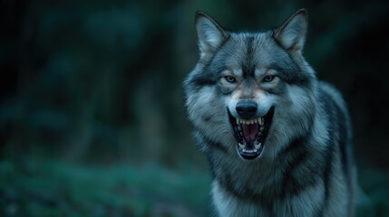 Obraz premium Snarling Wolf in Dark Forest Closeup