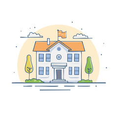 Obraz premium Illustration of a Simple School Building with Flag and Trees Against a Yellow Circle