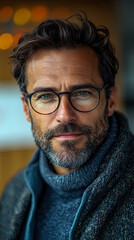 Intense close-up portrait of serious, handsome middle-aged man with mesmerizing green eyes and distinguished beard wearing contemporary spectacles and warm turtleneck sweater.