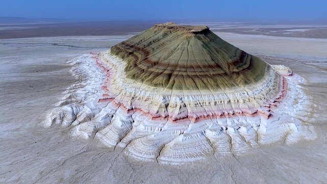 Aerial view of the majestic Kyzyl Kup's layered earth, a symphony of colors and textures, blending seamlessly into the vast desert landscape, Kyzyl Kup, Mangystau Region, Kazakhstan.