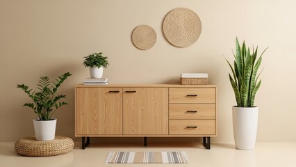 A wooden cabinet stands against a beige wall surrounded by potted plants and decorative items in a serene indoor setting.