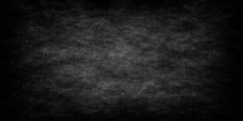 A dark and black grunge background featuring a vintage textured wall with a rough grey stone concrete surface and an empty aged chalkboard frame for a dirty paper backdrop © suriyaakter