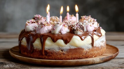 A beautifully crafted birthday cake sits on a wooden platter, decorated with colorful icing, sprinkles, and lit candles. Its layers promise indulgence for a festive gathering